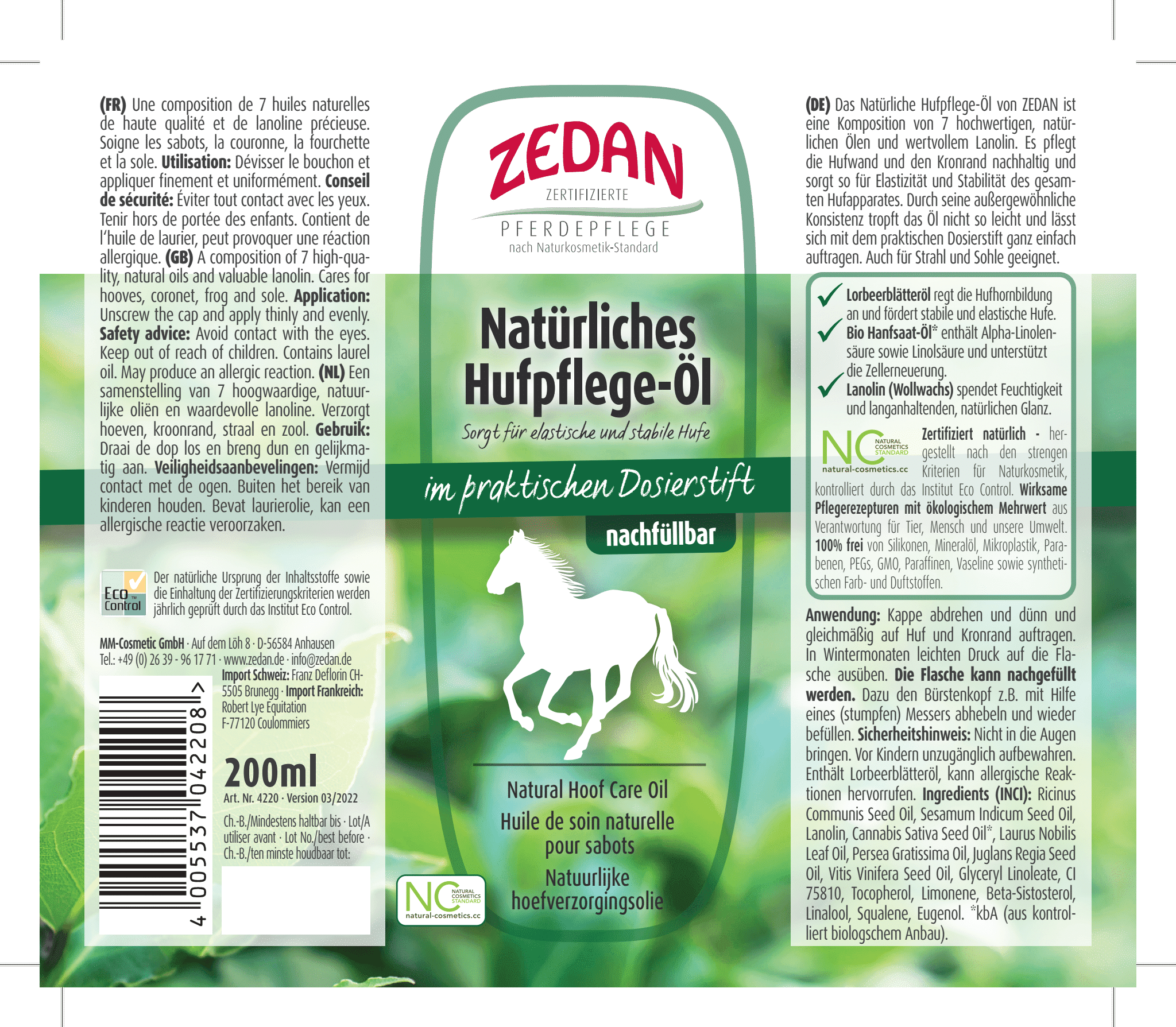 ZEDAN® Natürliches Hufpflege-Öl - Dosierstift 200ml