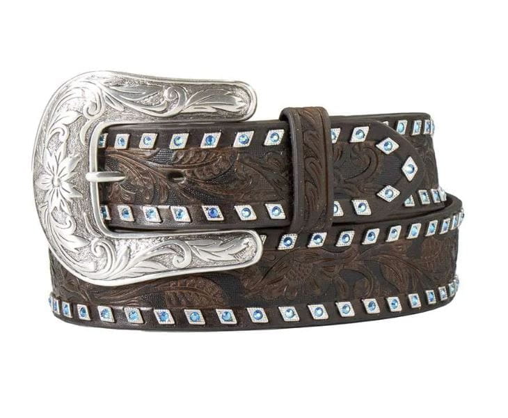 Angel Ranching Angel Ranch Floral Engraved Buckle with Blue Crystals – Angel Ranch ...
